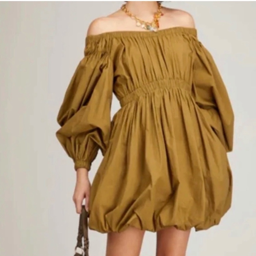 Ulla Johnson Olive Off-Shoulder Puff-Sleeve Mini Dress